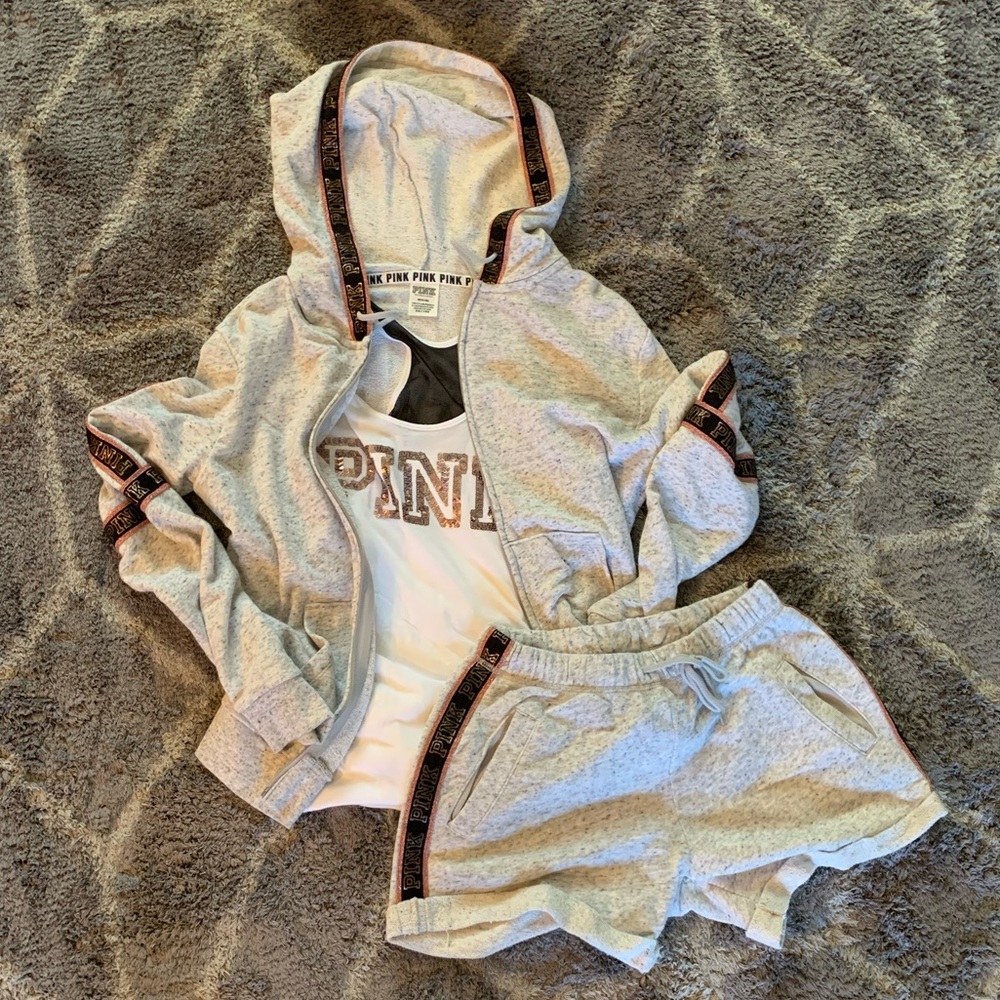 VS PINK HARD TO FIND SET 3 piece jacket top and shorts bling sooooo cute 🤤